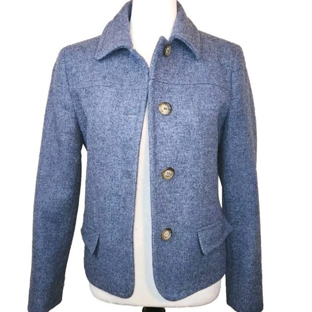 Michael Kors Blue Button Up Tweed Coat‎ Womens Small  Wool Jacket Shoulder Pads